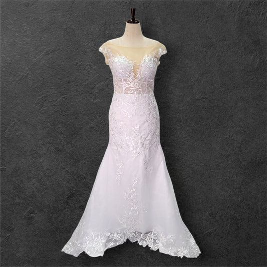 Fit n Flair Wedding Dress with Low Back and Mesh Cap Sleeves and Deep V Neck