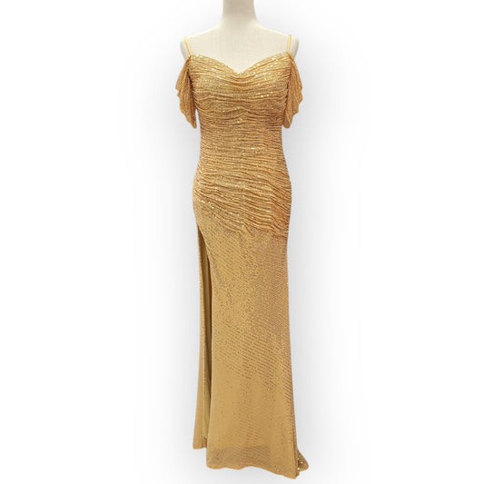 Gold Off-Shoulder Sequin Gown with Ruched Bodice