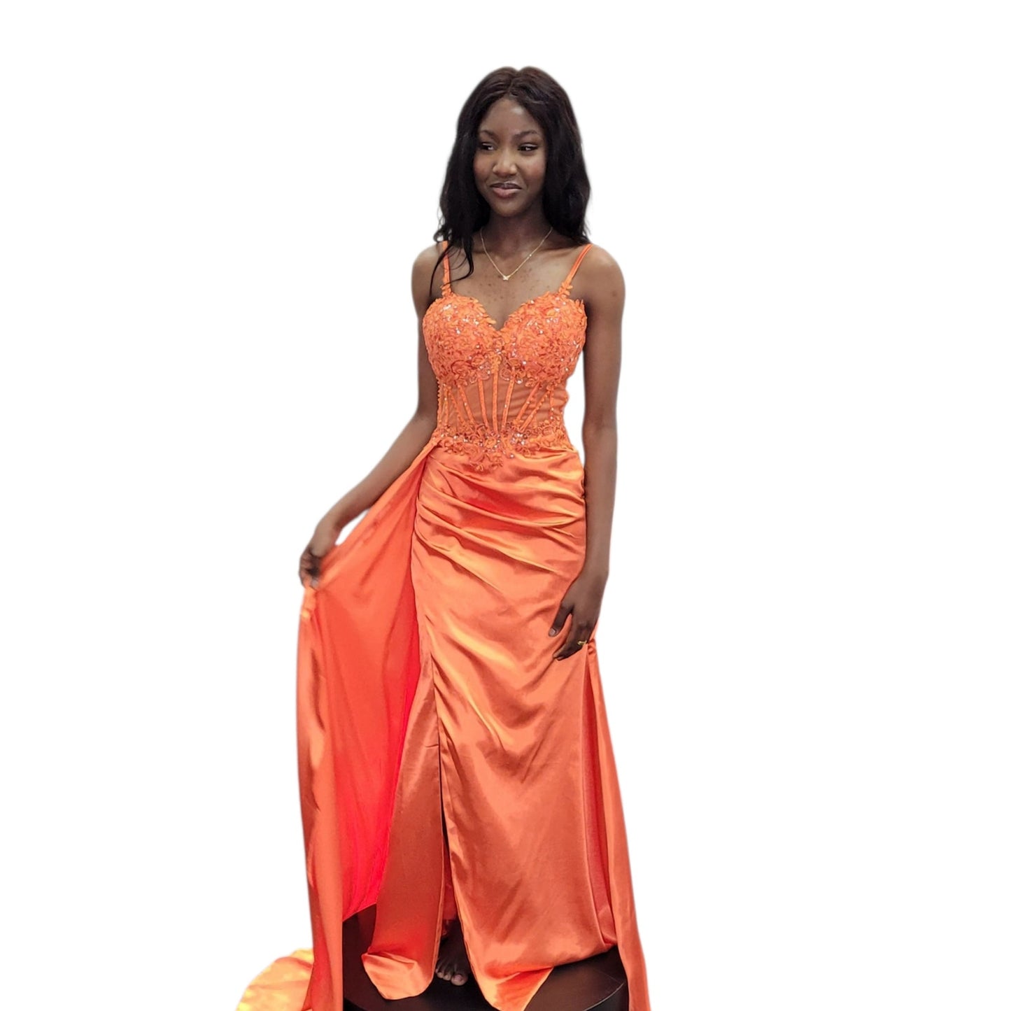 Orange Evening Gown with Detailed Bodice and Silky Satin Skirt