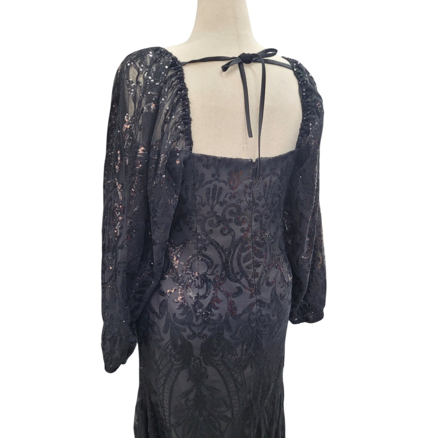 Long Sleeved Patterned Sequin Gown in Black