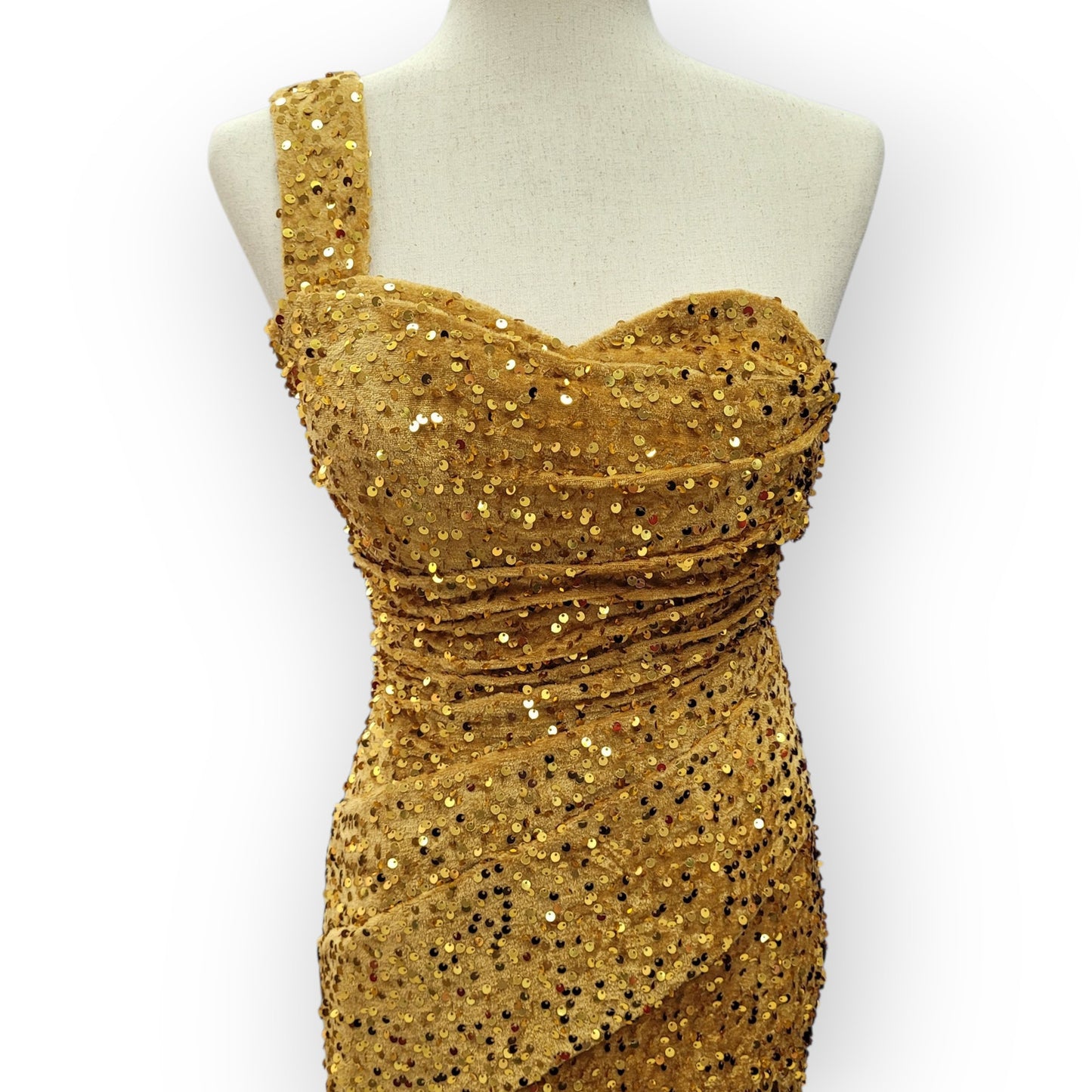 Gold One Shoulder Evening Gown with Gathered Waist and Corset Back