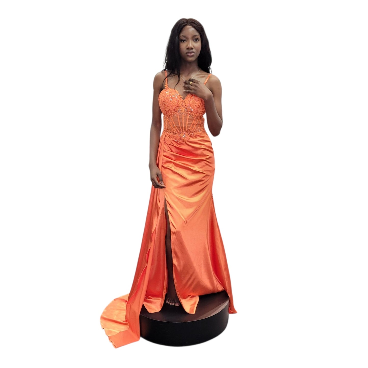 Orange Evening Gown with Detailed Bodice and Silky Satin Skirt