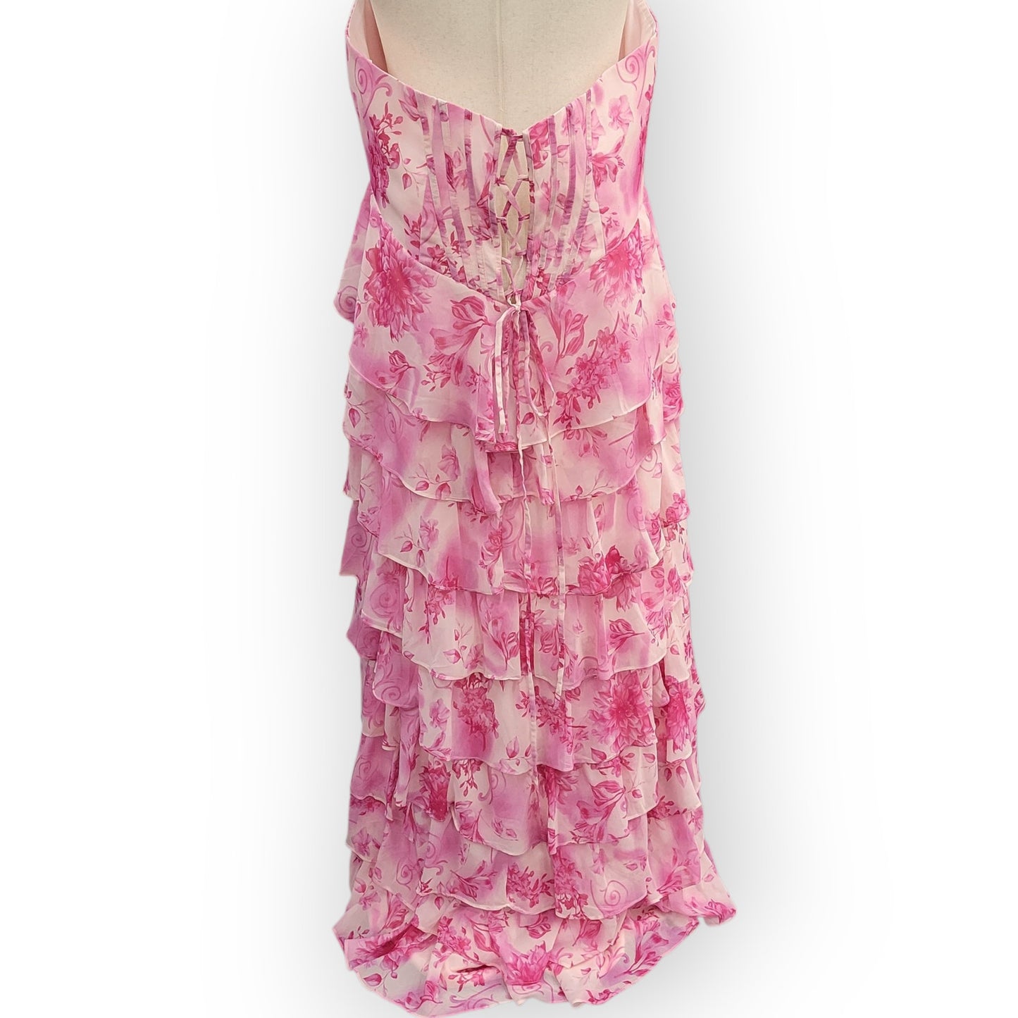 Strapless Pink Floral Tiered Dress with Corset Back