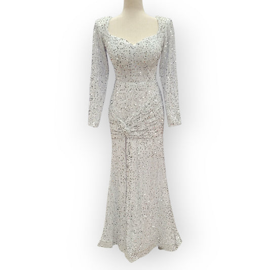 Fitted Long Sleeve Sequin Gown with Leg Slit and Corset Back