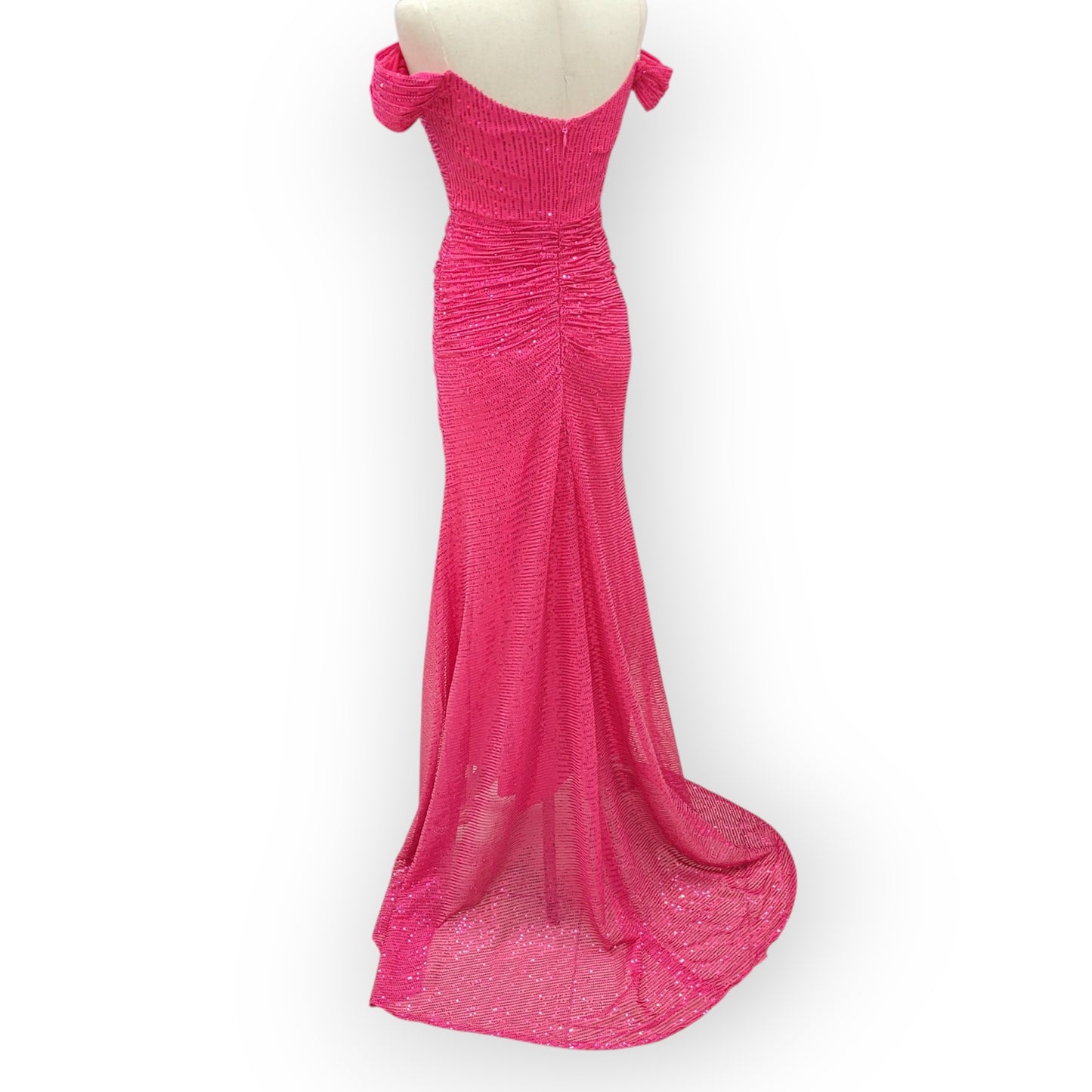 Hot Pink Evening Gown with Feathered Off-Shoulder Straps and Side Train