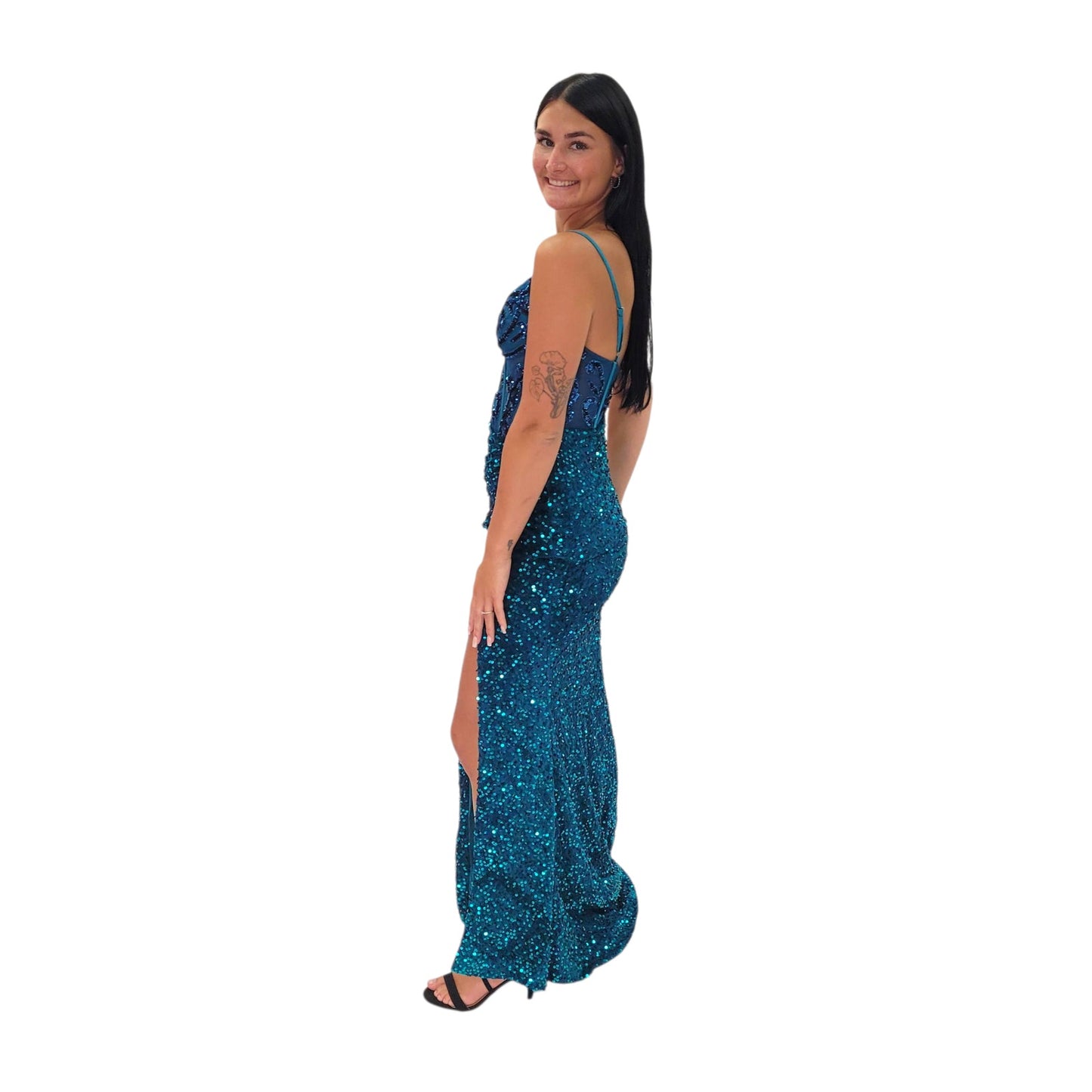 Sequin Evening Gown with Detailed Bodice and Leg Slit
