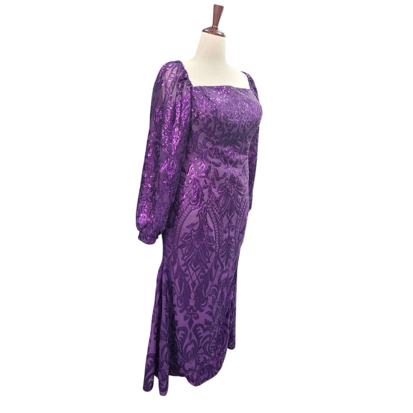 Long Sleeved Patterned Sequin Gown in Purple