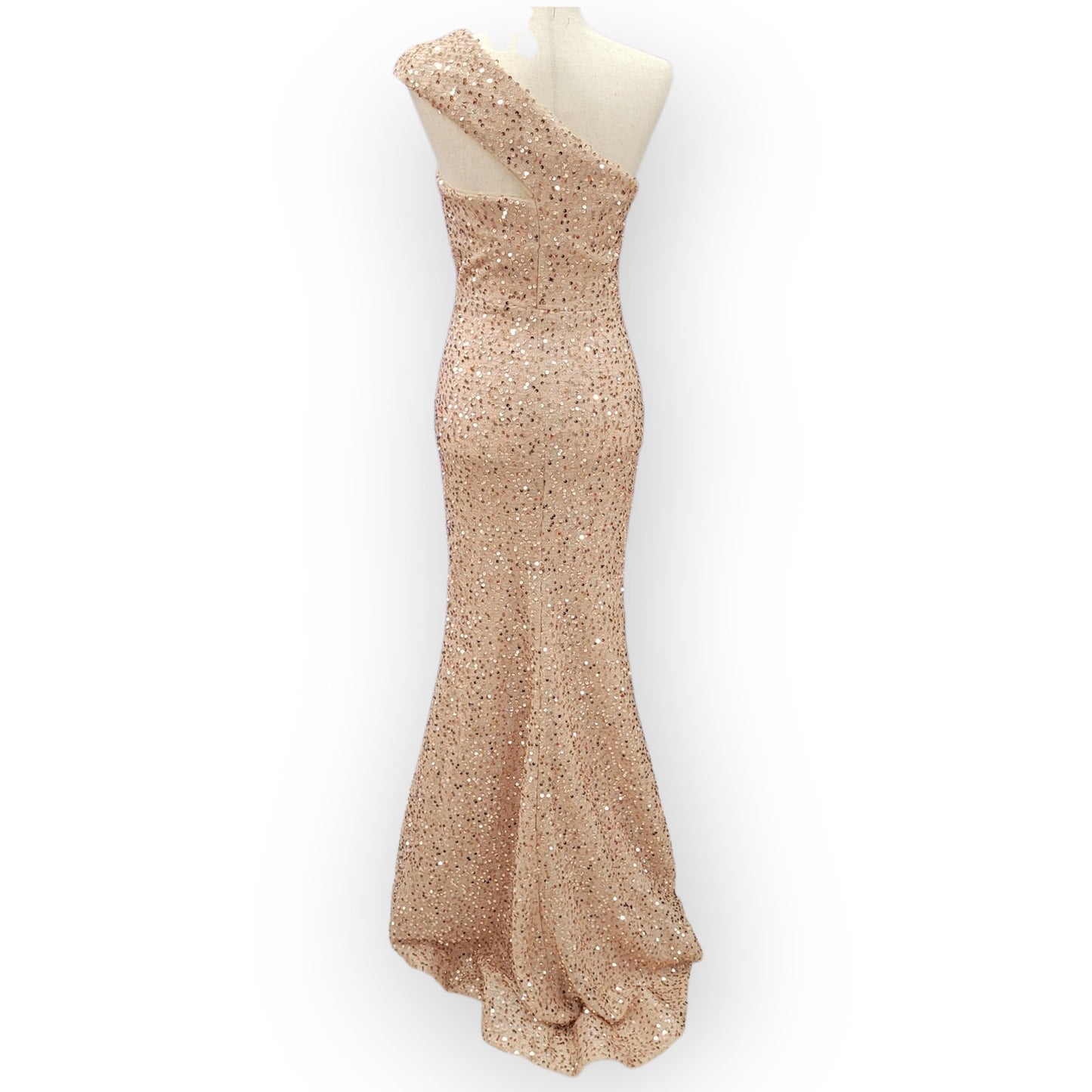 Fitted Beige Champagne Sequin Gown with Asymmetric Shoulder Strap