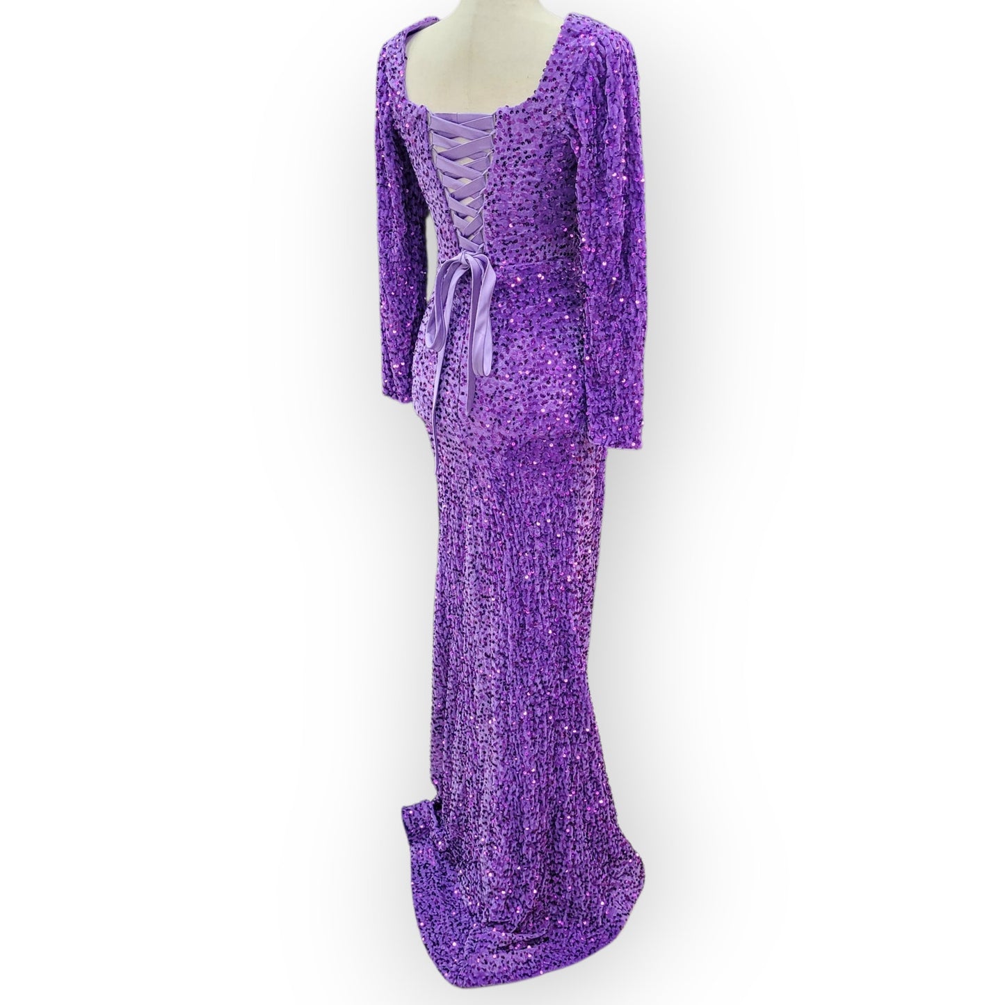 Fitted Long Sleeve Sequin Gown with Leg Slit and Corset Back