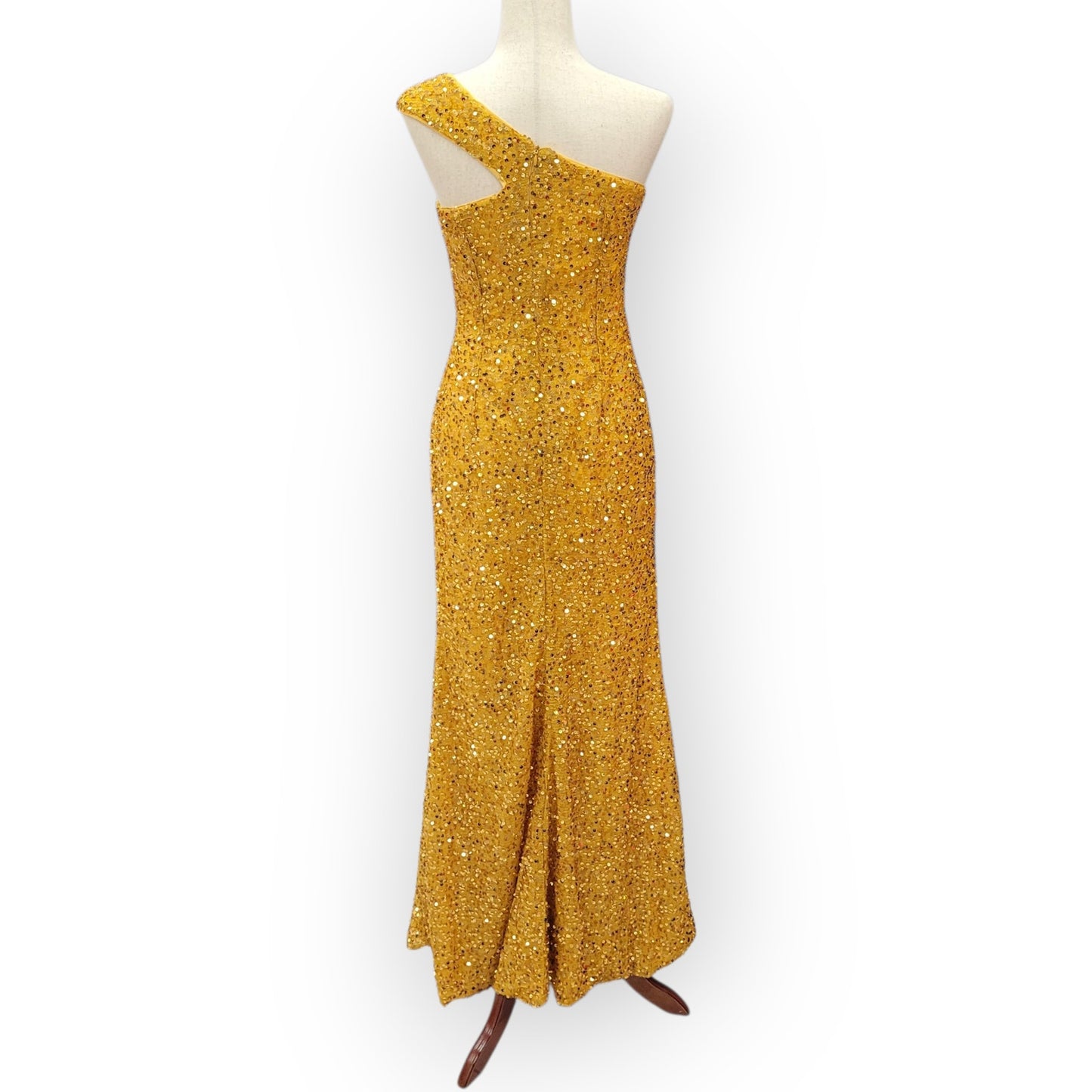 Fitted Gold Sequin Gown with Asymmetric Shoulder Strap