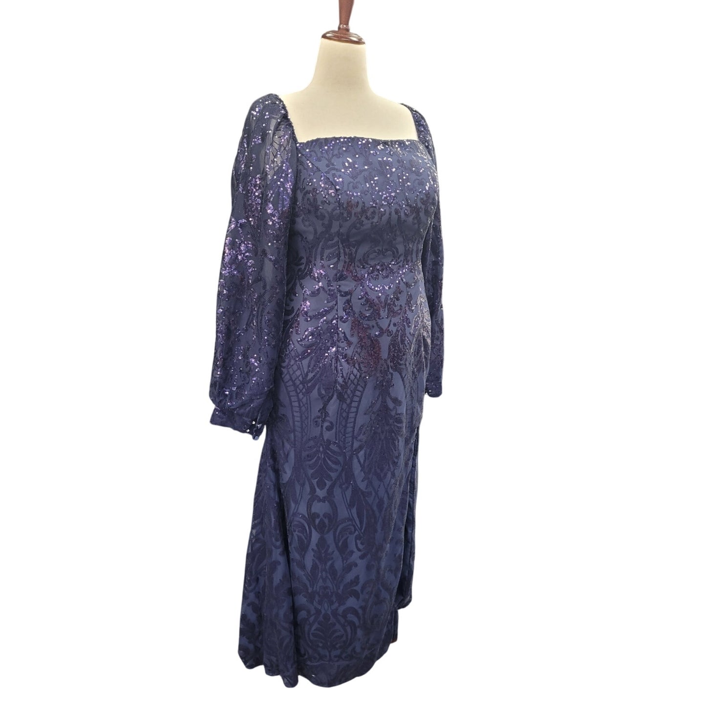 Long Sleeved Patterned Sequin Gown in Navy Blue