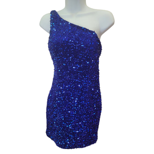 Women's Short One Shoulder Strappy Sequin Dress in Royal Blue