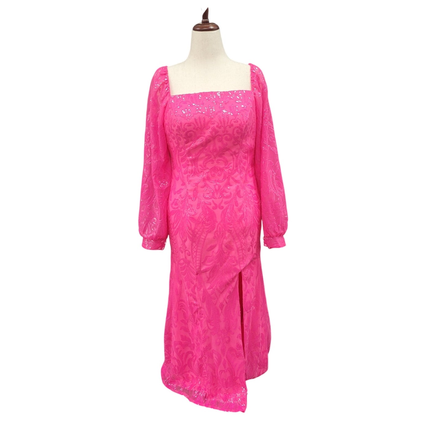 Long Sleeved Patterned Sequin Gown Size 16 Hot Pink