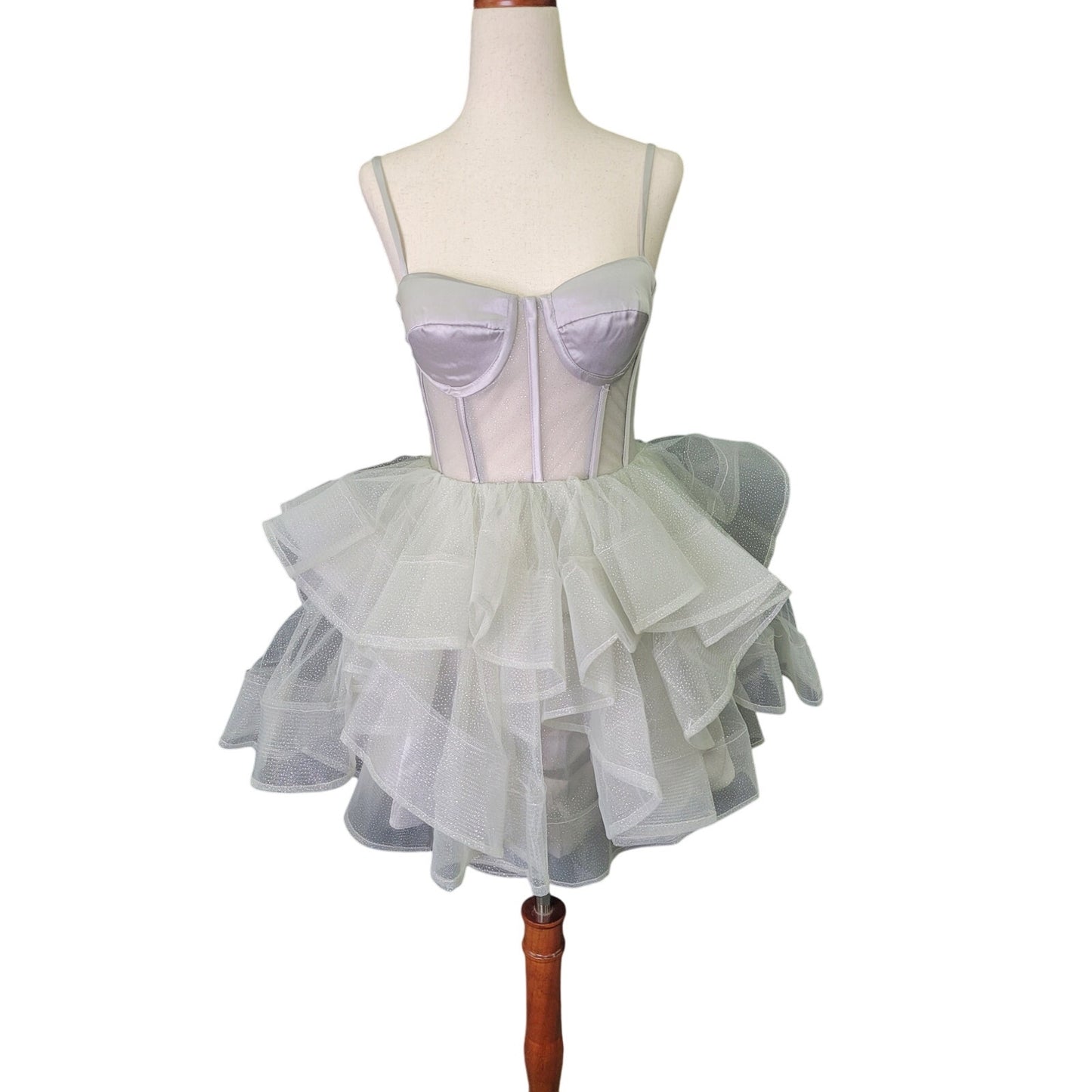 Short Cocktail Dress Tulle Skirt Semi-Sheer Bodice Corset Back