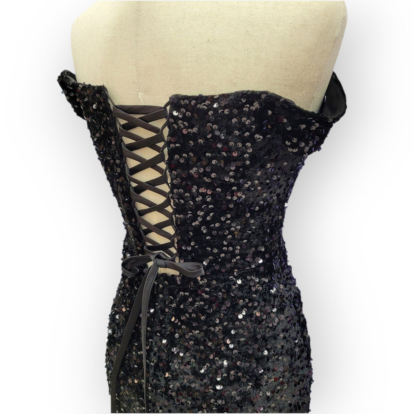 Sultry Off Shoulder Sequin Gown with Corset and Slit