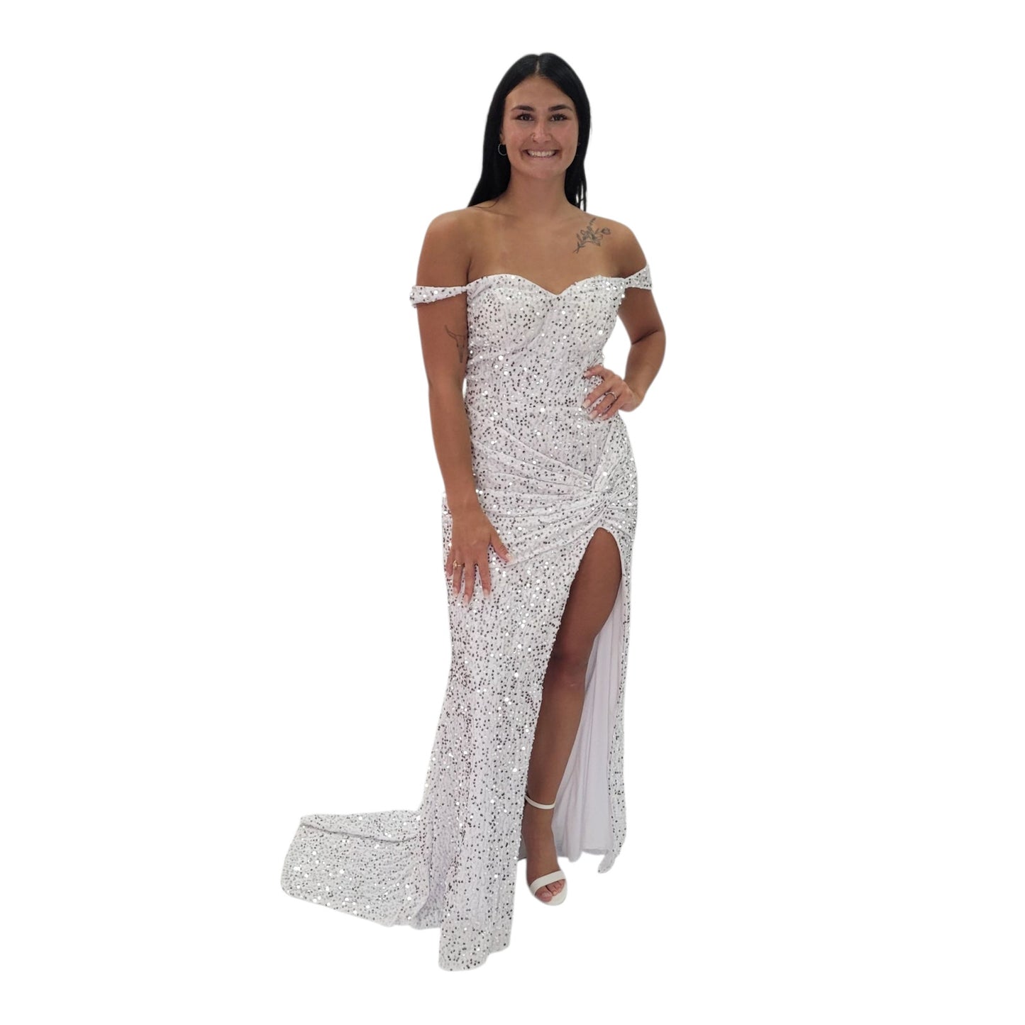 Off Shoulder Sequin Evening Gown with Corset Back on Velvet Fabric
