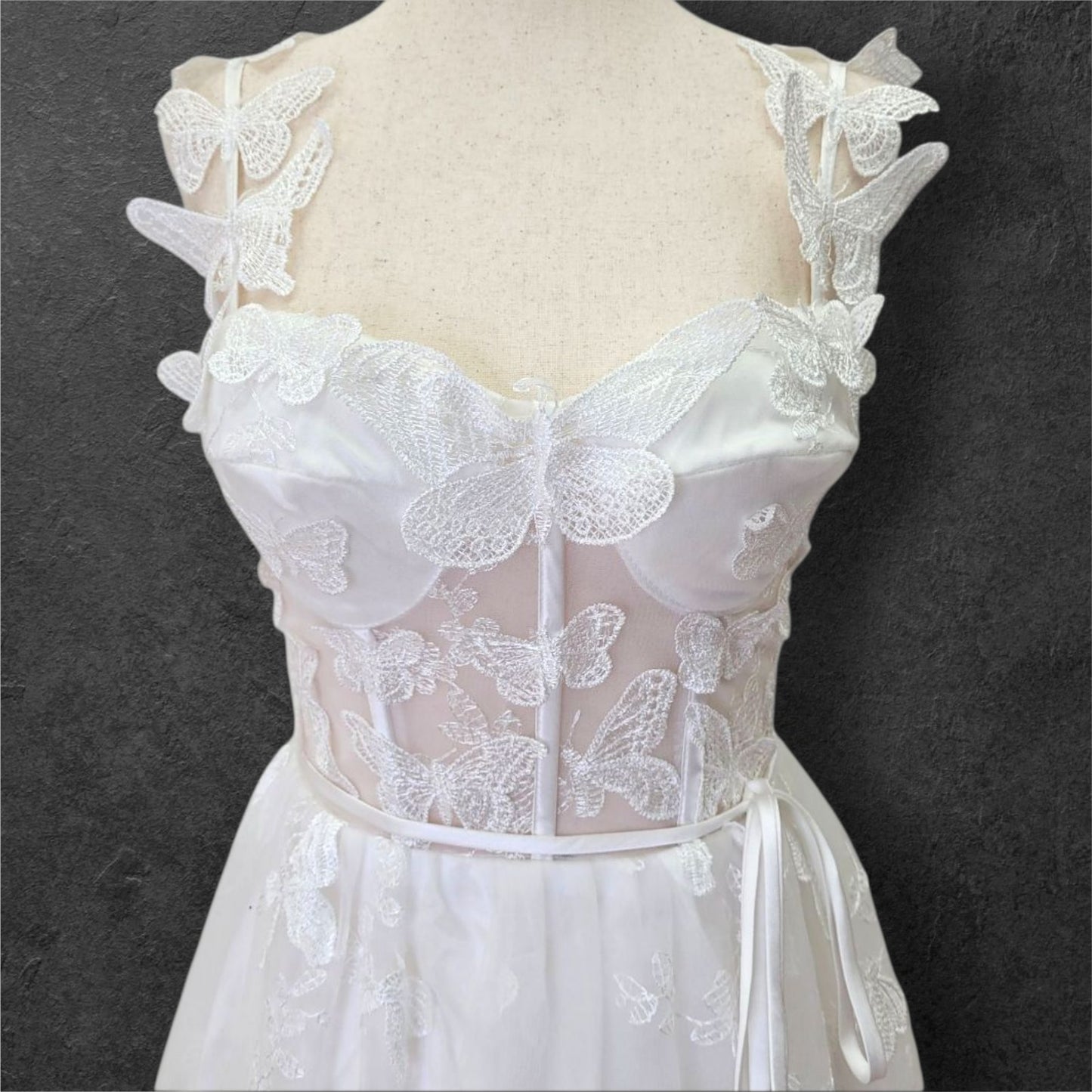 Butterfly Wedding Dress with Sheer Bodice and Corset Back