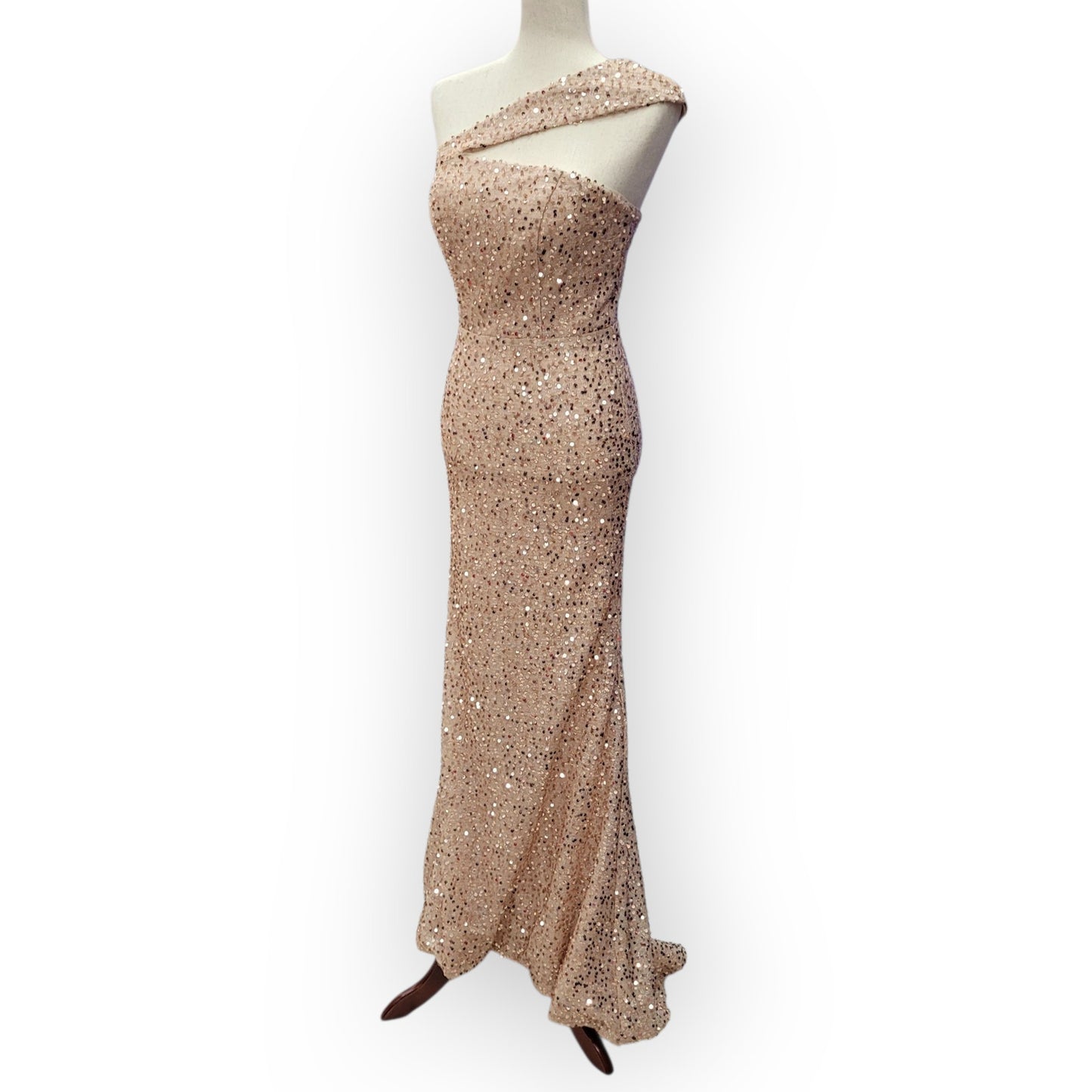Fitted Beige Champagne Sequin Gown with Asymmetric Shoulder Strap