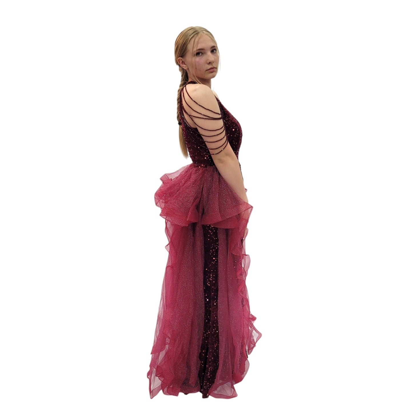Fun Sequin Gown with Tulle Overskirt and Beaded Shoulder Overlays