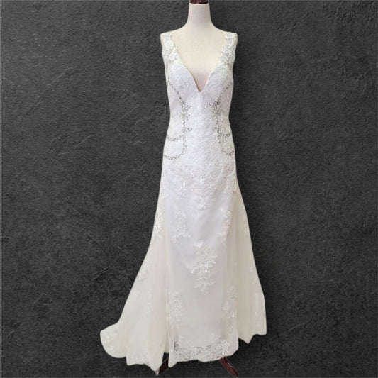 Detailed V Neck Wedding Dress with Silver Sequin Design