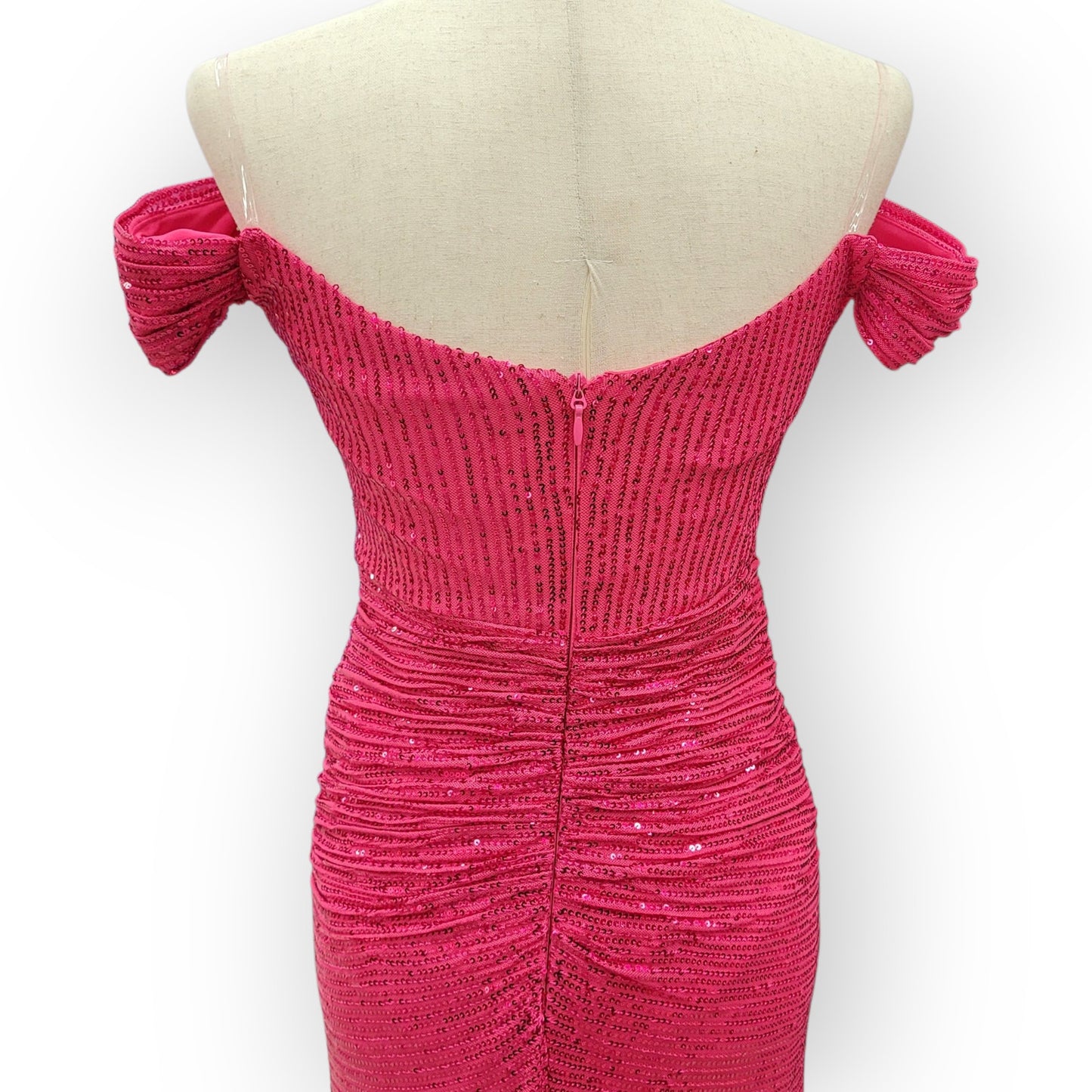 Hot Pink Sequin Evening Gown with Off-Shoulder Sleeves and Train
