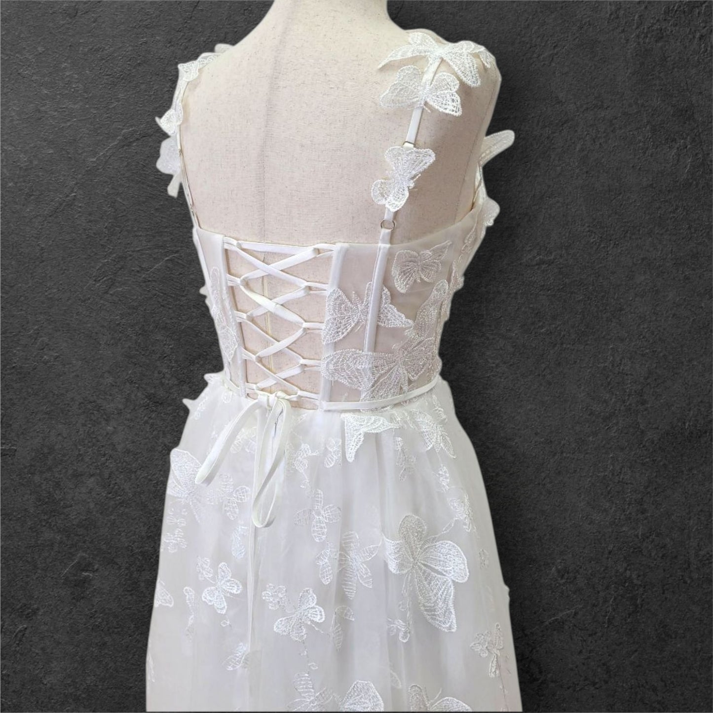Butterfly Wedding Dress with Sheer Bodice and Corset Back
