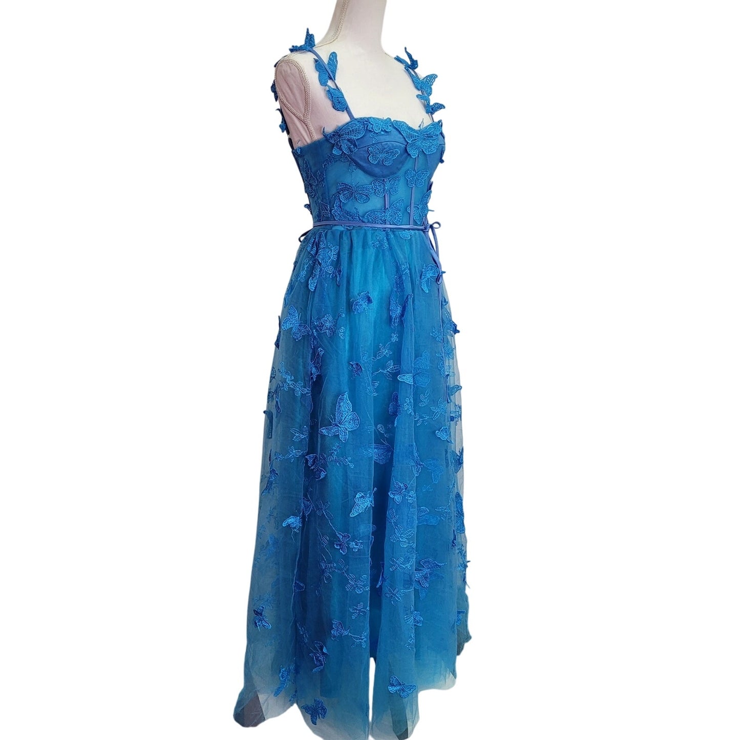 Women's Bright Blue Butterfly Dress with Corset Back