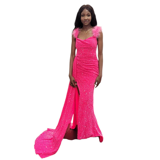 Hot Pink Fitted Sequin Evening Gown with Feathered Shoulders