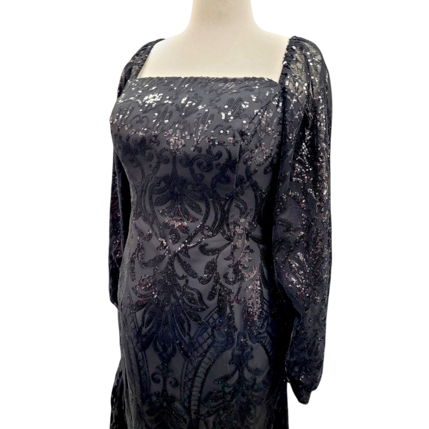 Long Sleeved Patterned Sequin Gown in Black