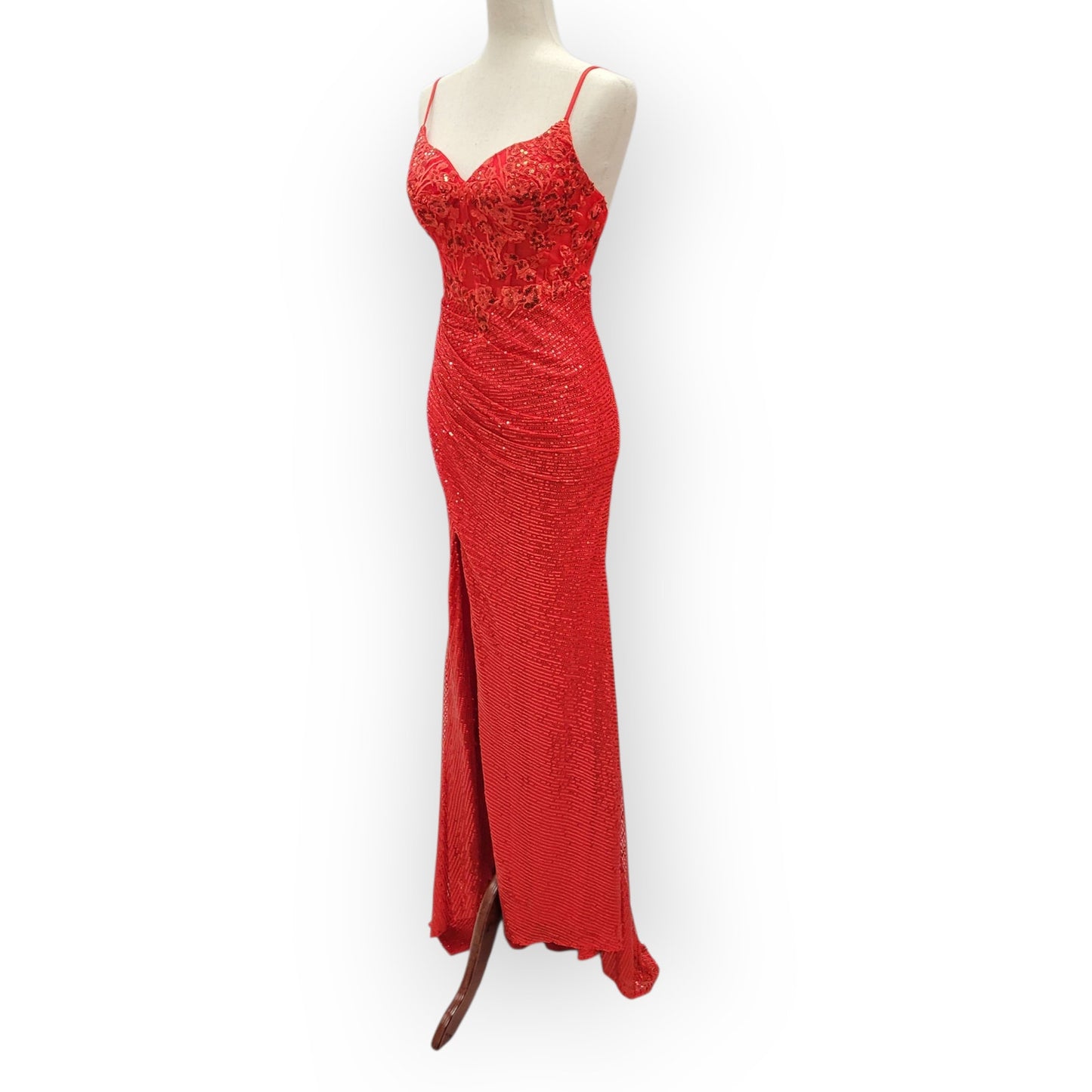 Bright Red Sequin Evening Gown with Detailed Bodice
