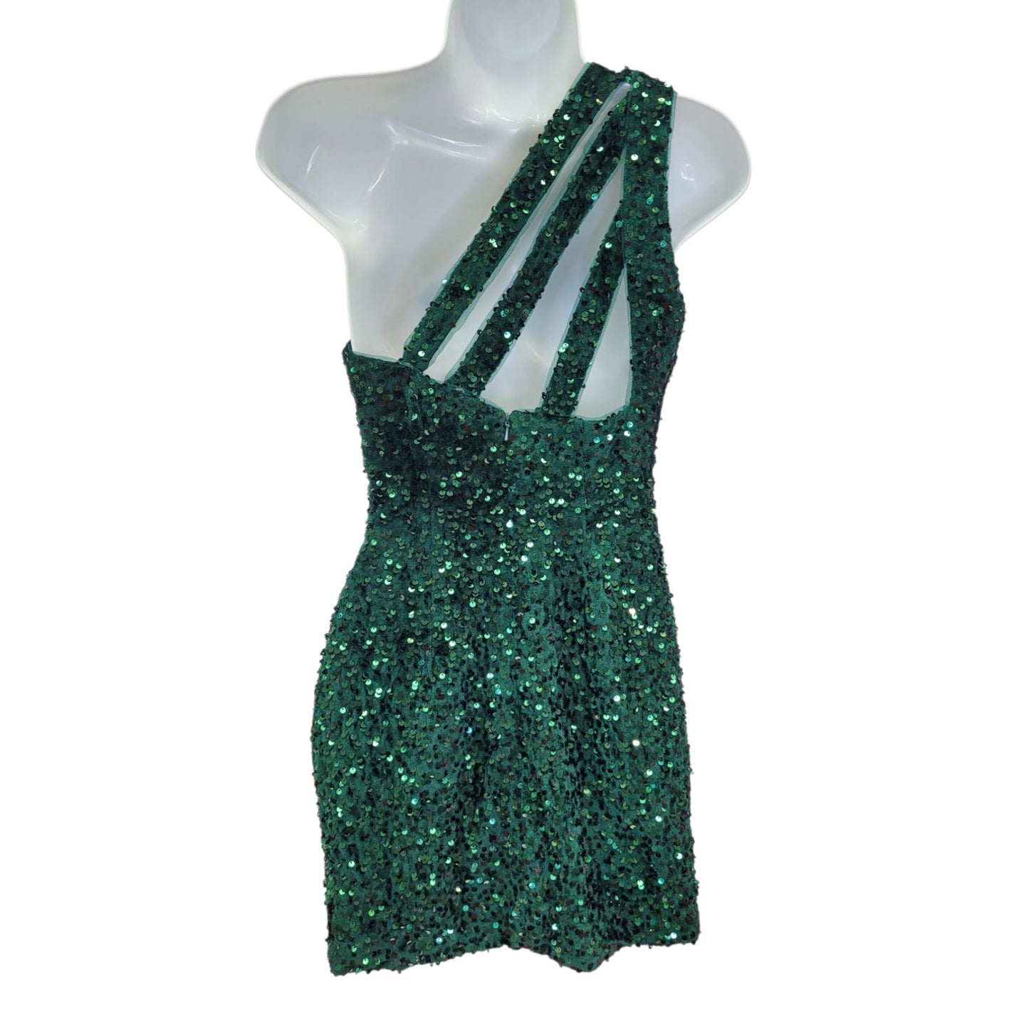 Women's Short One Shoulder Strappy Sequin Dress in Emerald Green