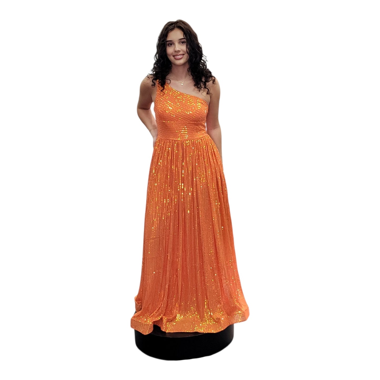 Fun Tangerine Orange One Shoulder Sequin Gown