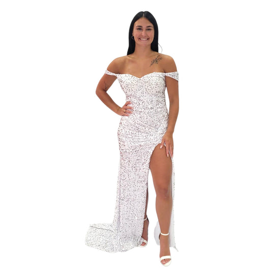 Off Shoulder Sequin Evening Gown with Corset Back on Velvet Fabric