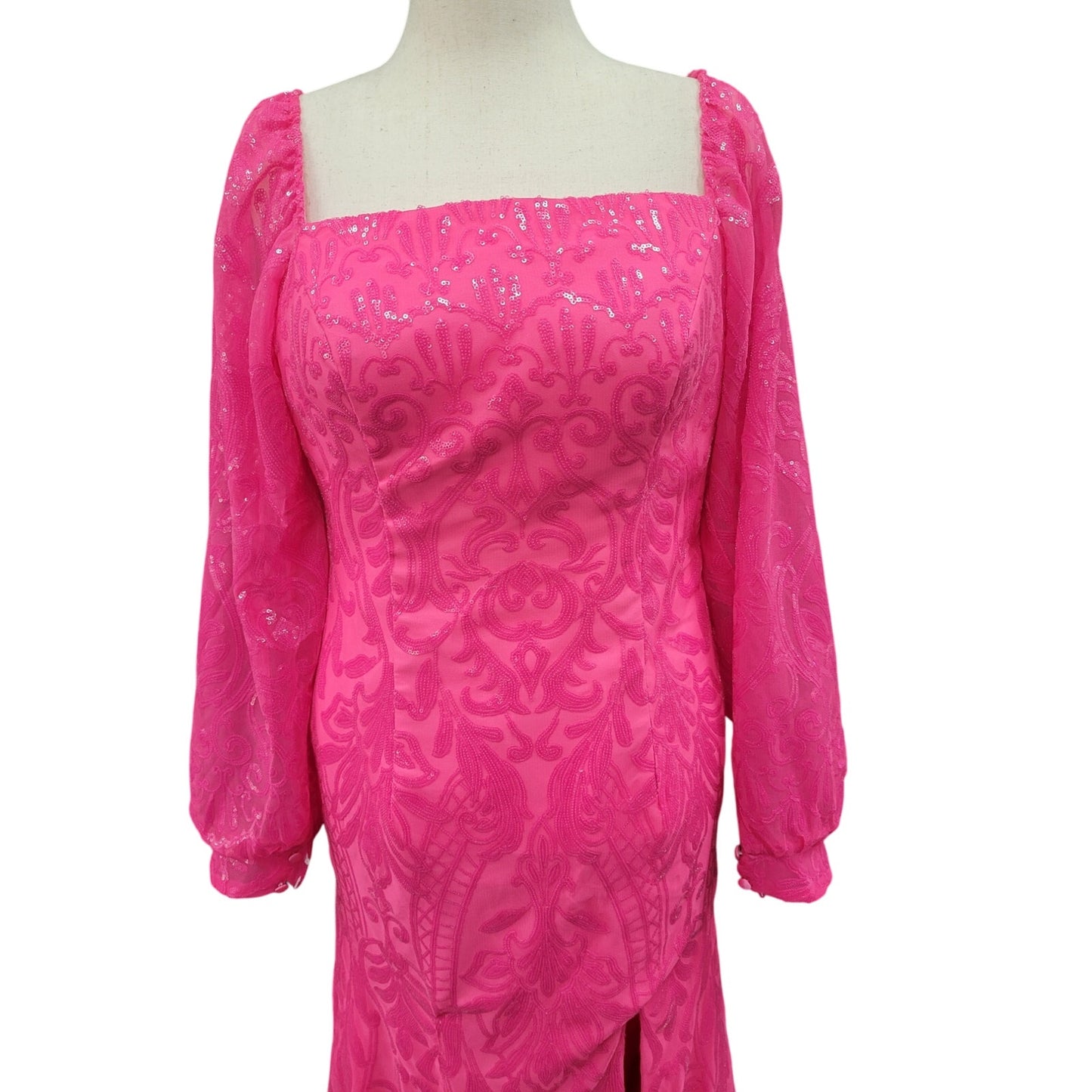 Long Sleeved Patterned Sequin Gown Size 16 Hot Pink