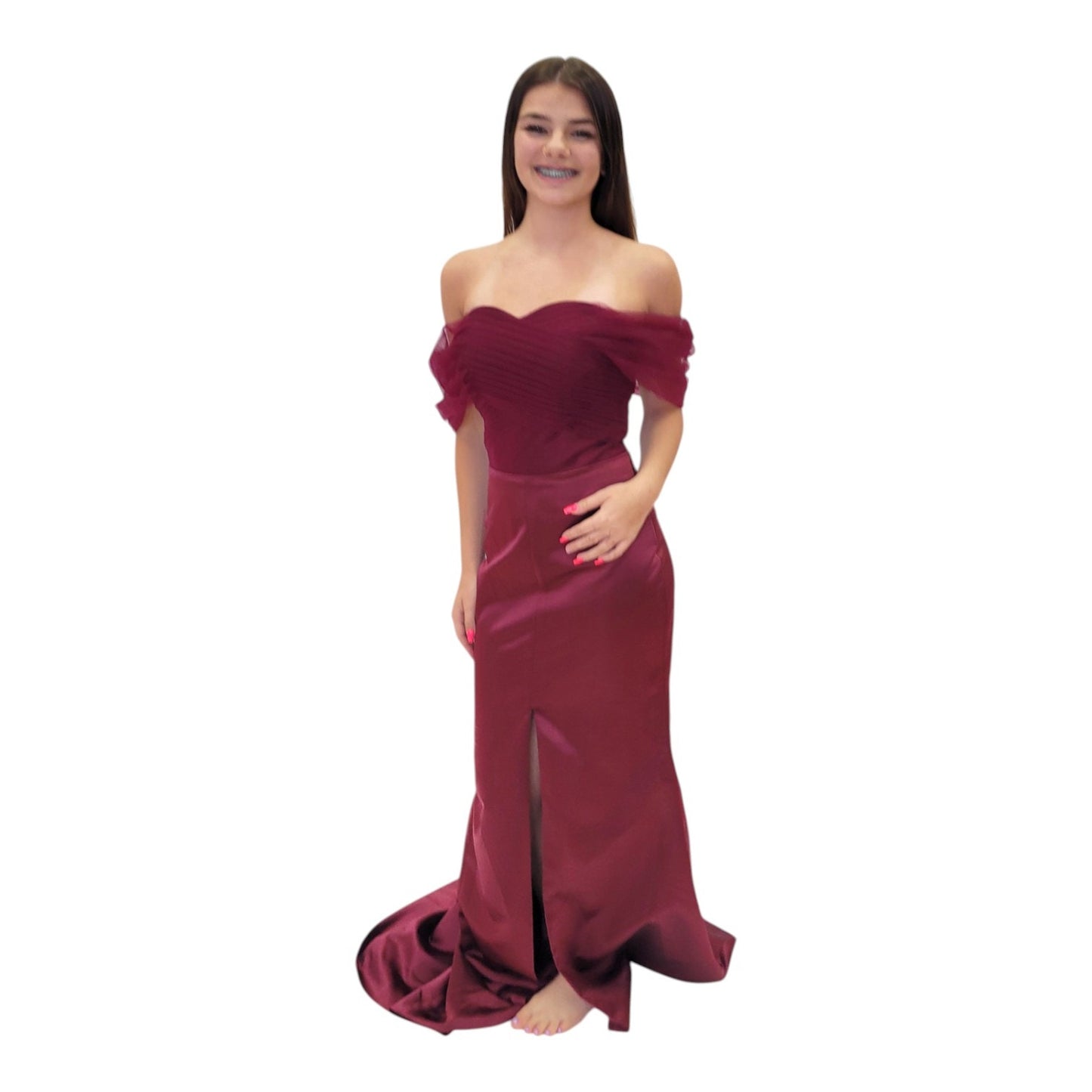 Maroon Satin Evening Gown with Off Shoulder Tulle Sleeves