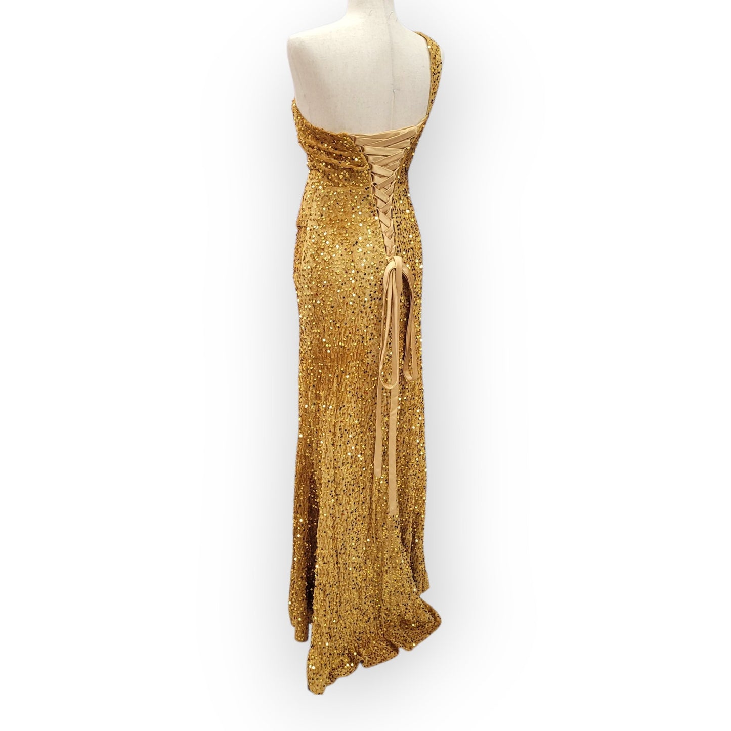 Gold One Shoulder Evening Gown with Gathered Waist and Corset Back