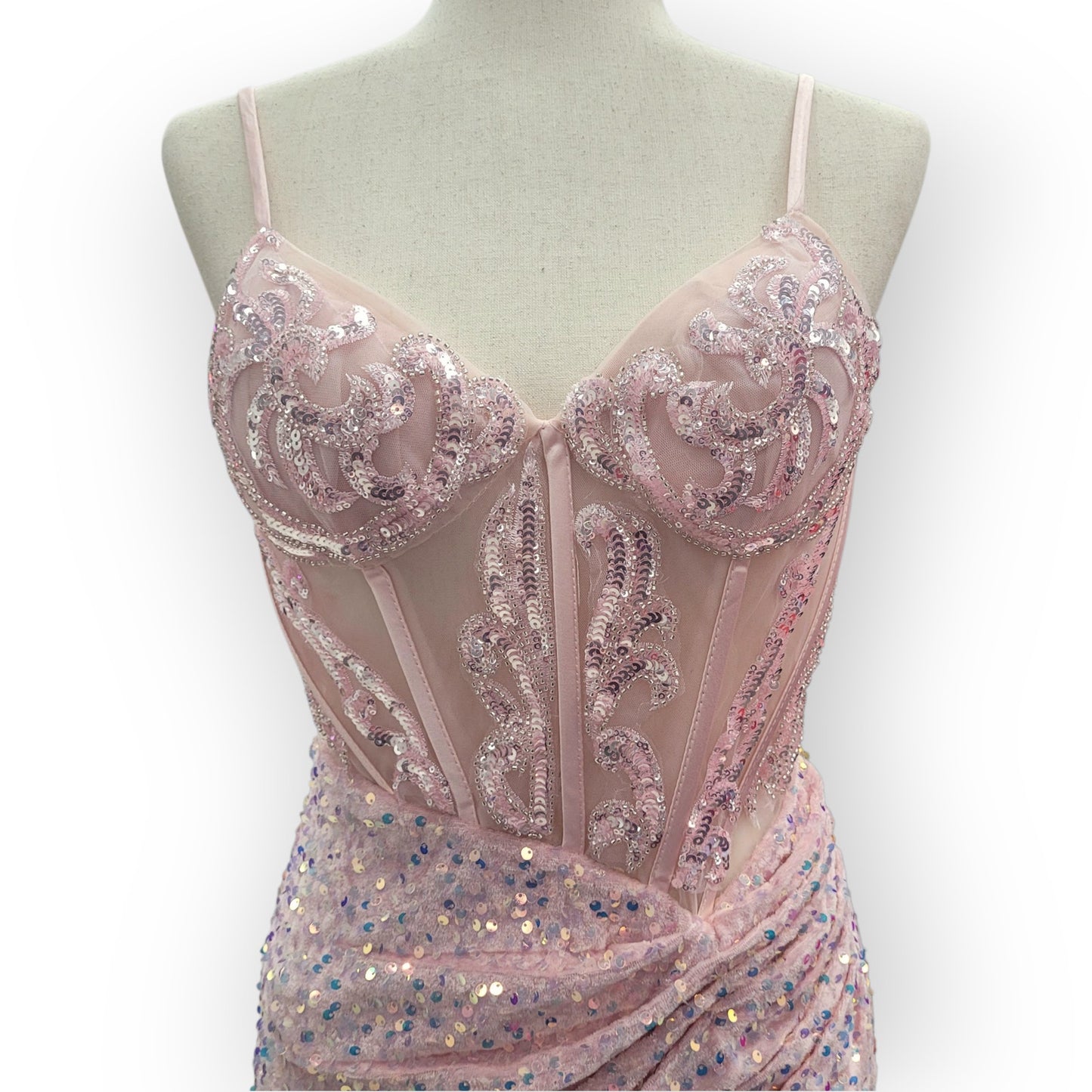 Light Pink Sequin Gown with Detailed Bodice