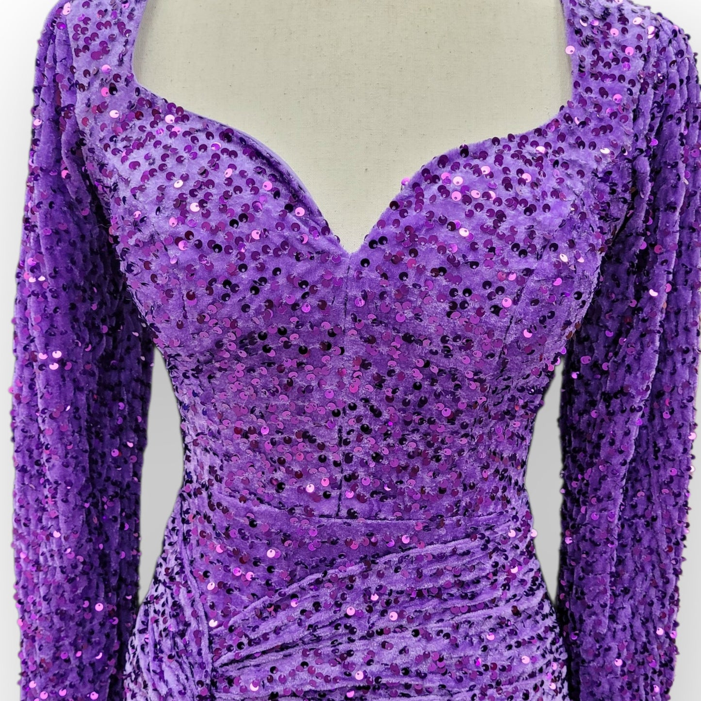 Fitted Long Sleeve Sequin Gown with Leg Slit and Corset Back