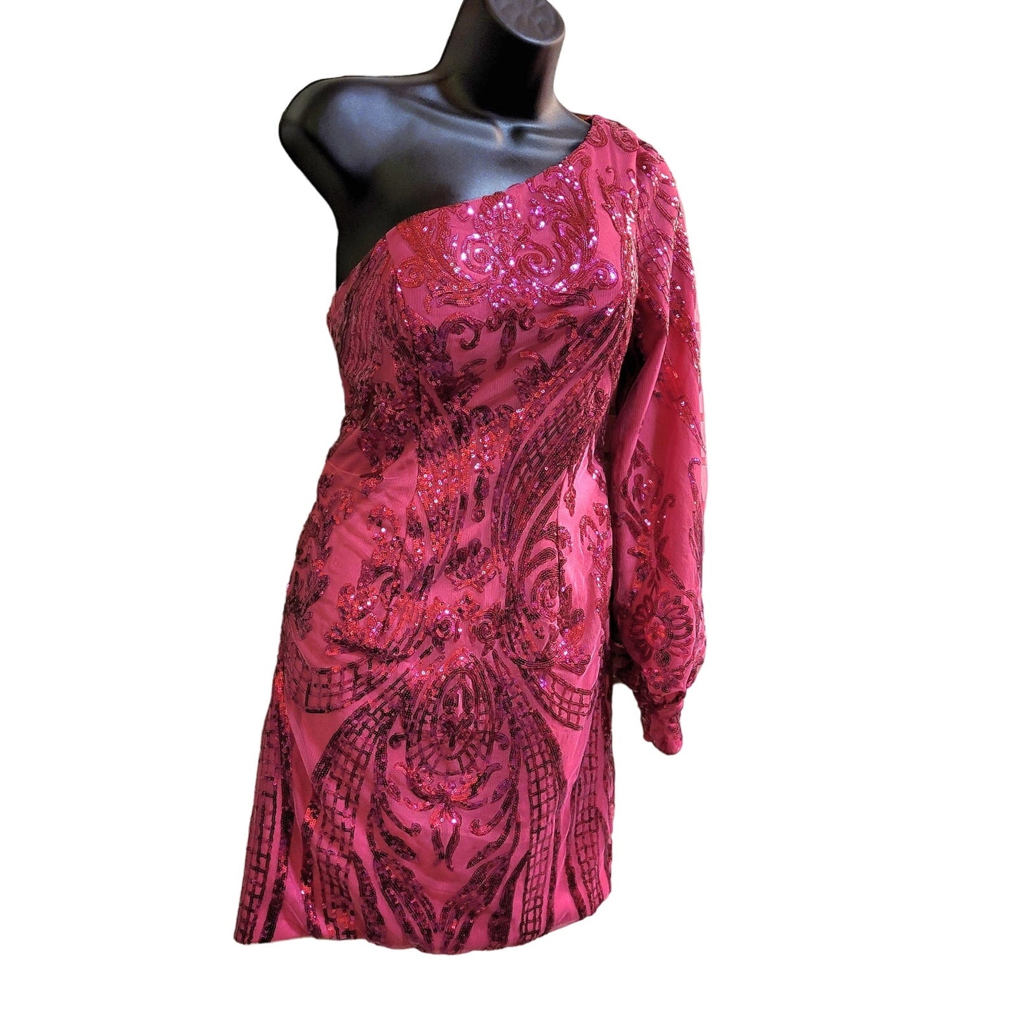 Women's Hot Pink Short Asymmetrical Formal Dress One Sleeve