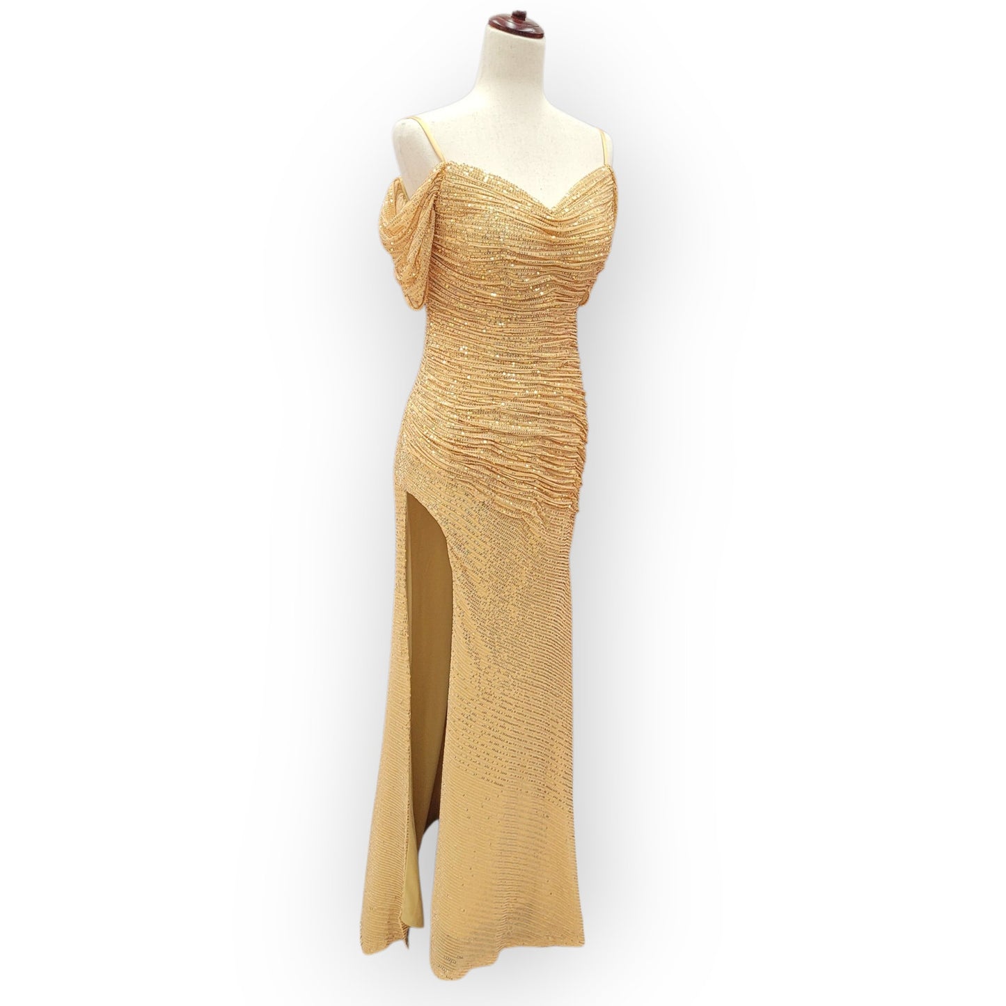 Gold Off-Shoulder Sequin Gown with Ruched Bodice