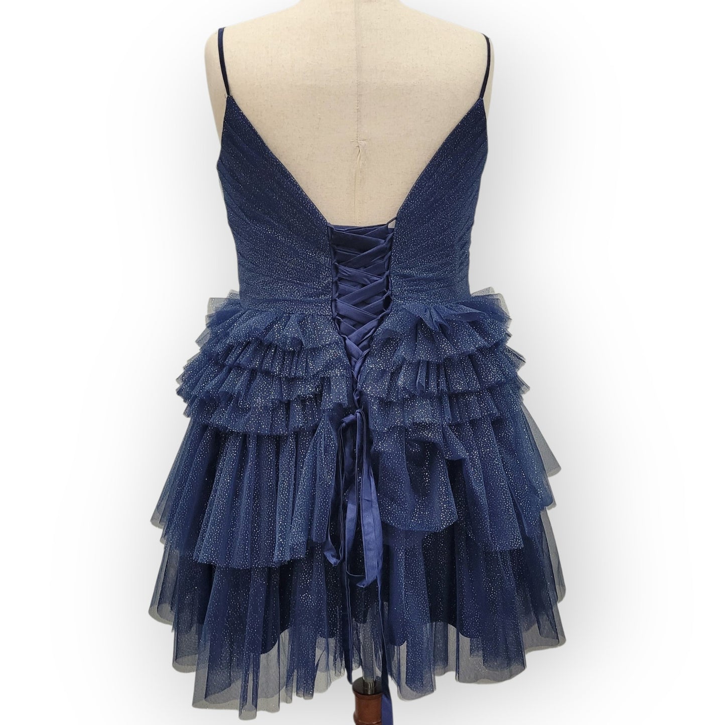 Navy Blue Sparkle Layered Ruffle Cocktail Dress with Corset Back