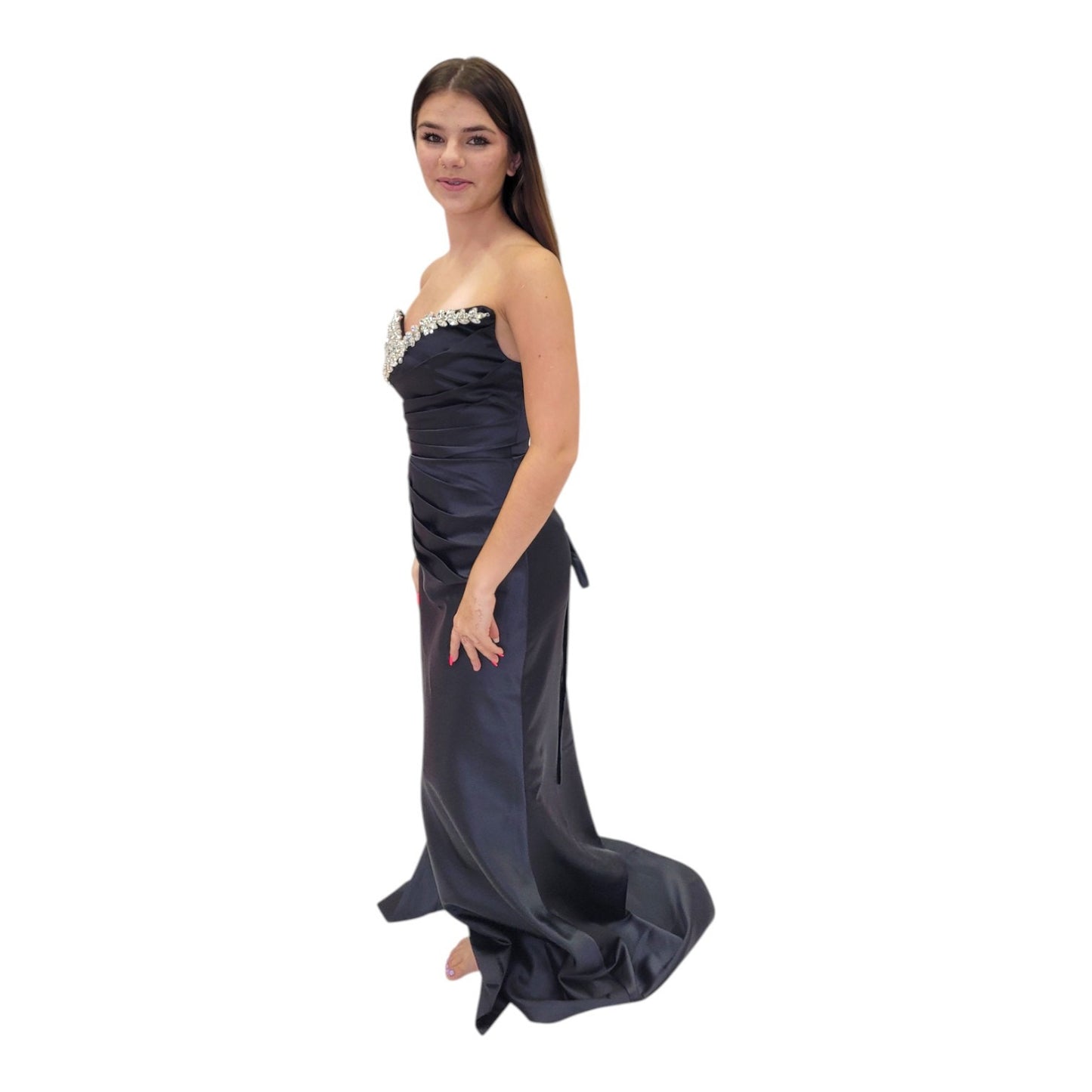 Black Satin Evening Gown with Jeweled Bust and Bodice with Corset Back