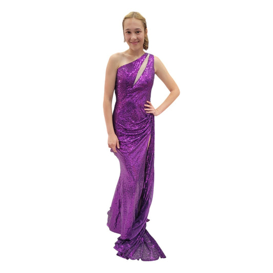 One Shoulder Sequin Gown with Side Train and Mesh cutout across bodice