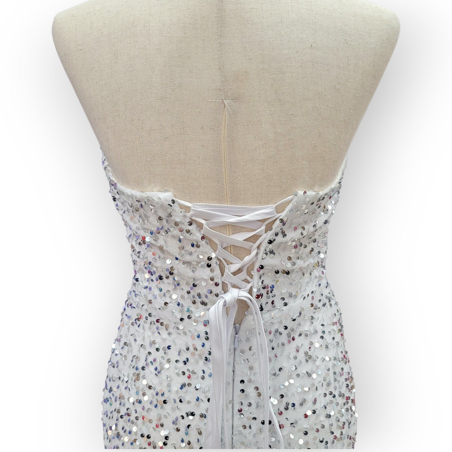 Strapless Sequin Gown with Leg Slit and Corset Back