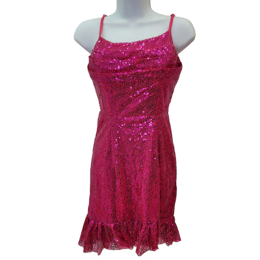 Women's Short Hot Pink Sequin Dress with Corset Back