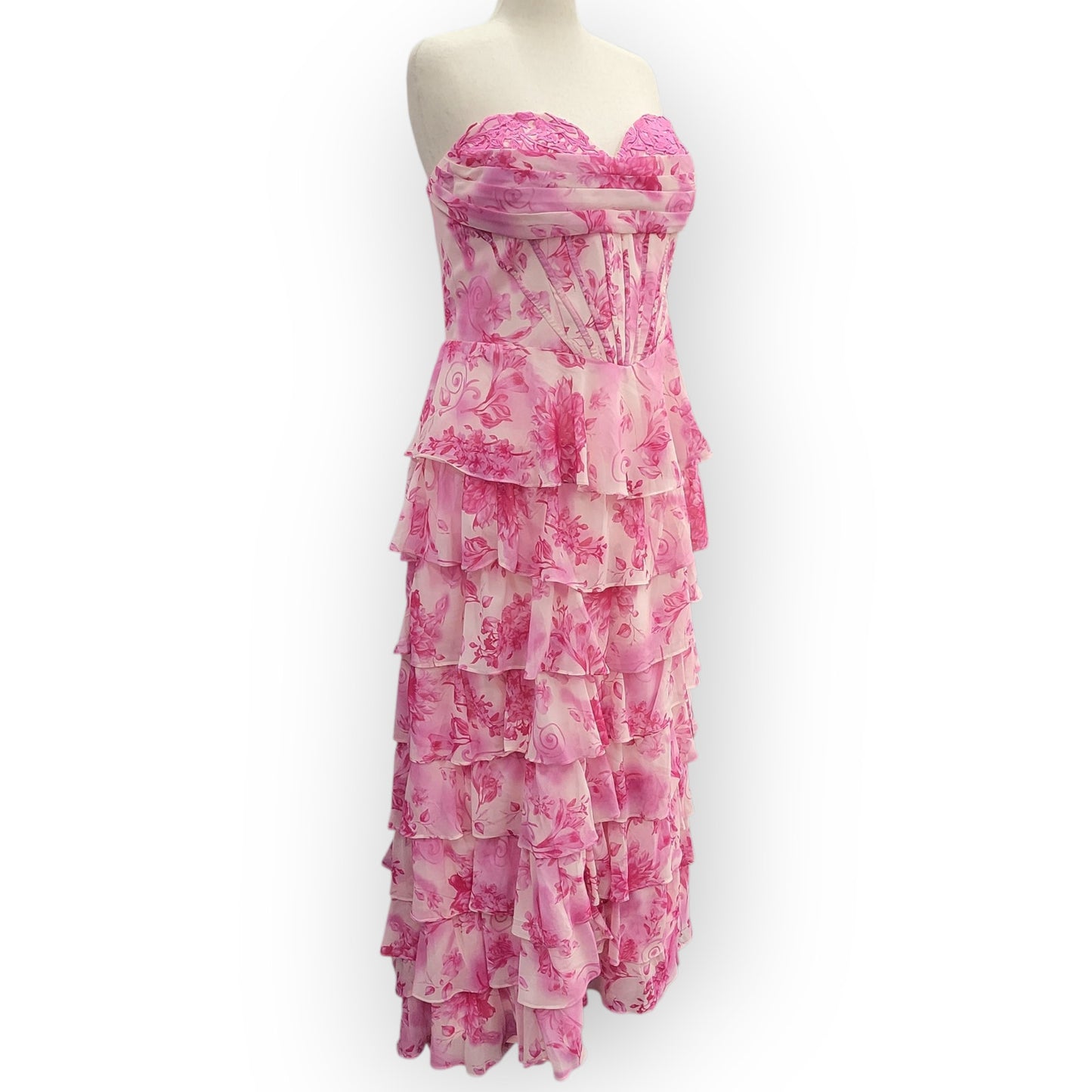Strapless Pink Floral Tiered Dress with Corset Back