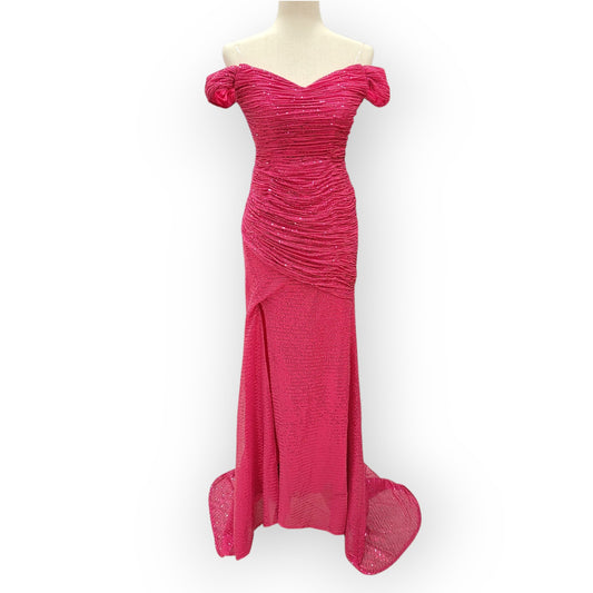 Hot Pink Sequin Evening Gown with Off-Shoulder Sleeves and Train