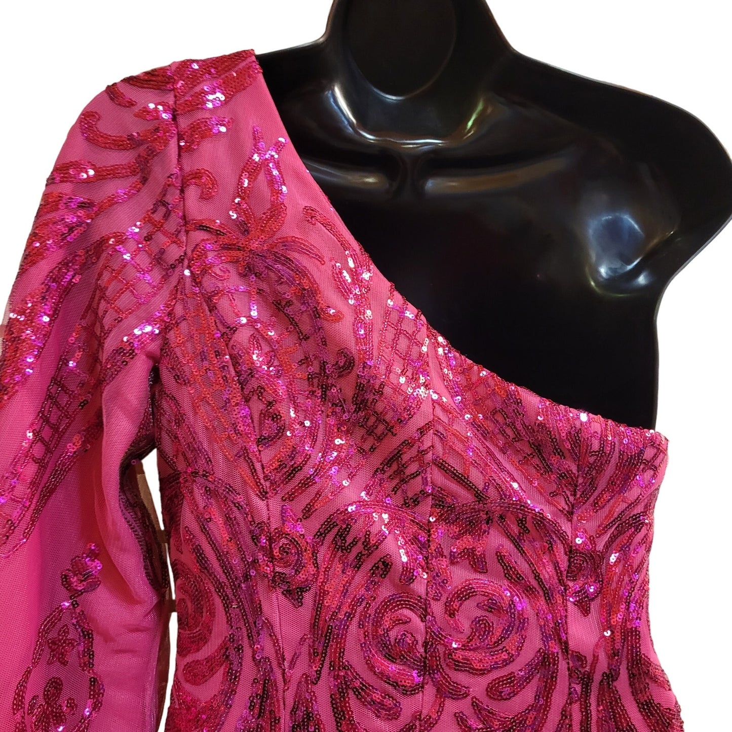 Women's Hot Pink Short Asymmetrical Formal Dress One Sleeve