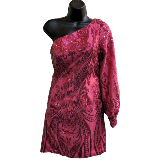 Women's Hot Pink Short Asymmetrical Formal Dress One Sleeve