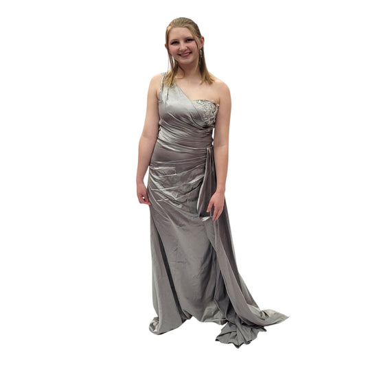 One Shoulder Silky Satin Evening Gown with Full Corset Back and Side Train